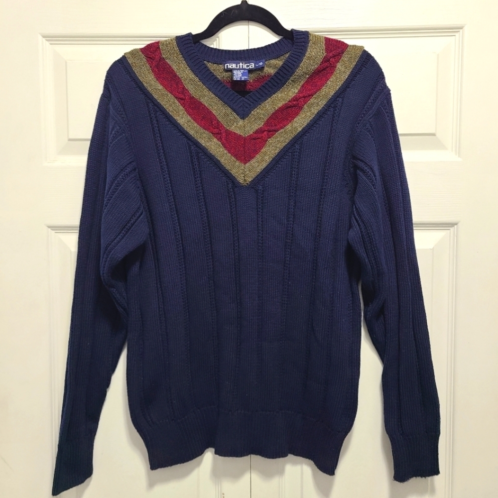 Vintage 90s Nautica V Neck Knit Cotton Sweater Mens Blue Red Thick Chunky LARGE